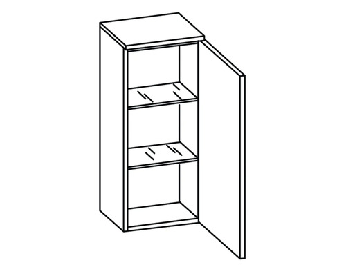 Schiță a unui dulap suspendat cu ușă deschisă și rafturi