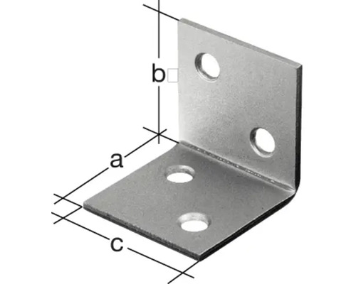 Conector de colț cu găuri și indicații de dimensiuni a, b și c