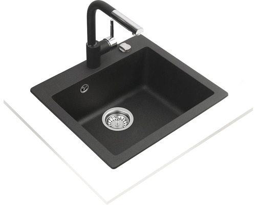 Chiuvetă de bucătărie neagră din granit cu robinet