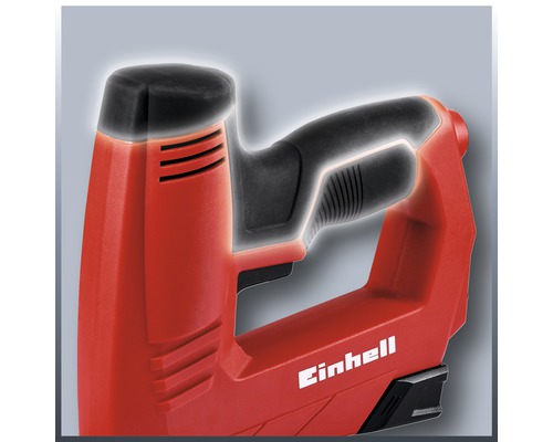 Imagine detaliată cu un capsator electric roșu marca Einhell cu mâner negru.