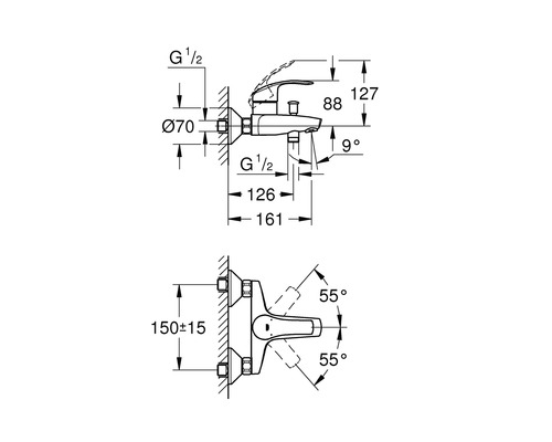 Desen tehnic al unei baterii de baie cu dimensiuni.
