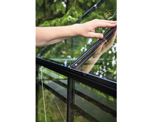 Detaliu cu o seră cu o mână care deschide o fereastră