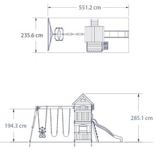Dimensiunile unui loc de joacă cu leagăn, tobogan și turn de joacă.