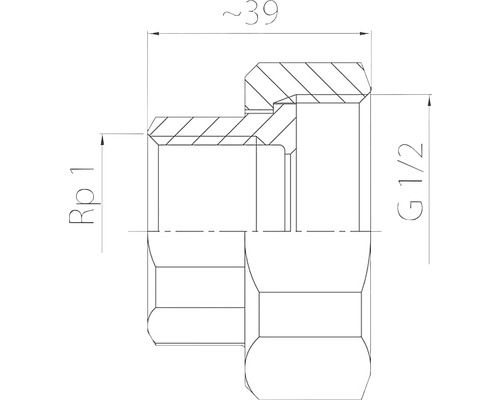 Desen tehnic al unui fiting cu filet Rp 1 și G 1/2 și o lungime de aproximativ 39 milimetri