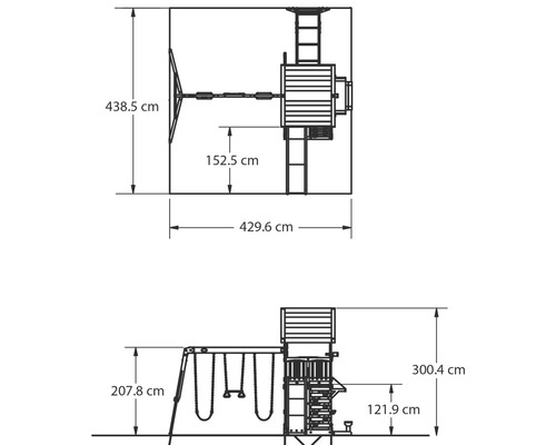 Dimensiunile unui loc de joacă, vedere de sus și vedere laterală cu indicații de înălțime în centimetri