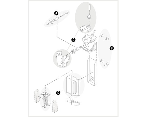 Diagramă explodată a unui sistem de curățare cu piesele A, B, C și D.