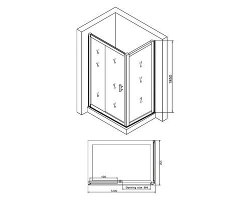 Desen tehnic al unei cabine de duș cu dimensiuni