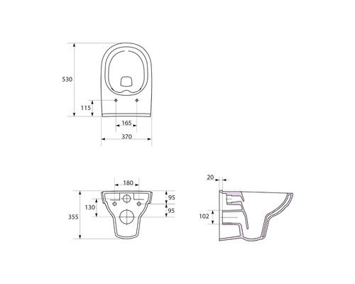 Desen tehnic al unui WC suspendat cu dimensiuni