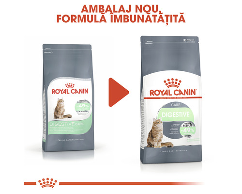 Comparație între hrana pentru pisici Royal Canin pentru digestie: ambalaj vechi și nou.