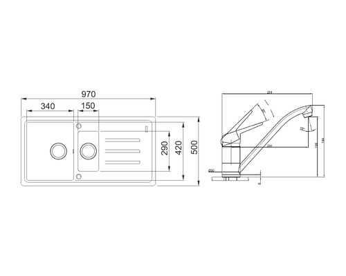 Desen tehnic al unei chiuvete cu picurător și robinet cu dimensiuni