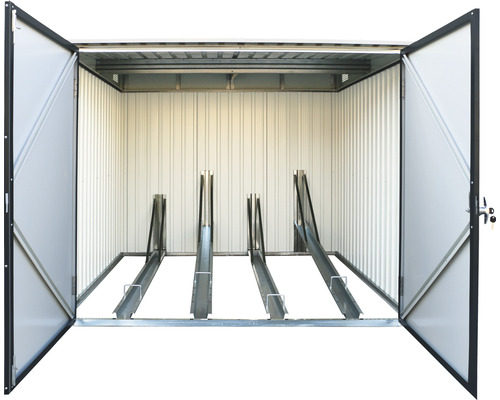 Garaj deschis pentru biciclete, din metal, cu suporturi pentru biciclete