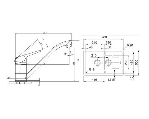 Desen tehnic al unei baterii de bucătărie cu chiuvetă și indicații de măsurare