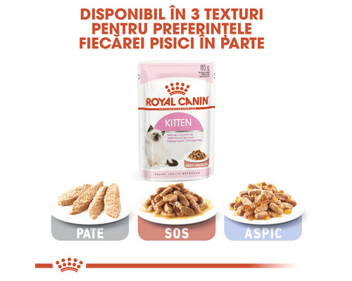 Hrană pentru pisici Royal Canin Kitten, trei texturi diferite