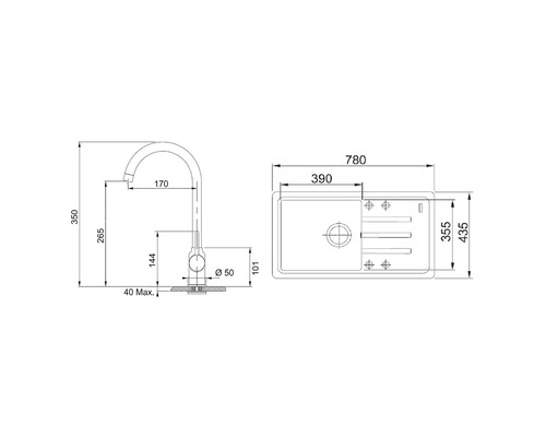Desen tehnic al unei baterii de bucătărie și al unei chiuvete cu dimensiuni