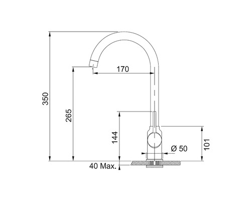 Desen tehnic al unui robinet de bucătărie cu dimensiuni