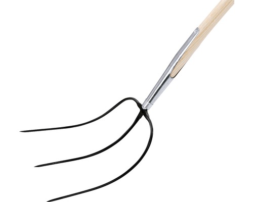 Furcă de grădină pentru gunoi de grajd cu mâner din lemn și trei dinți