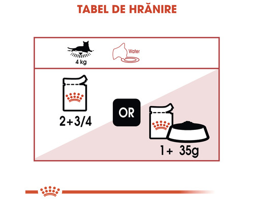 Tabel de hrănire pentru mâncare de pisici cu indicații de cantitate