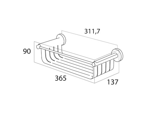Desen tehnic al unui coș de duș cu dimensiuni.