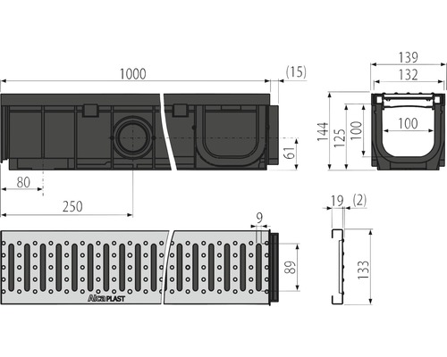 Desen tehnic al unui canal de drenaj cu dimensiuni