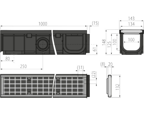 Desen tehnic al unui canal de scurgere cu dimensiuni