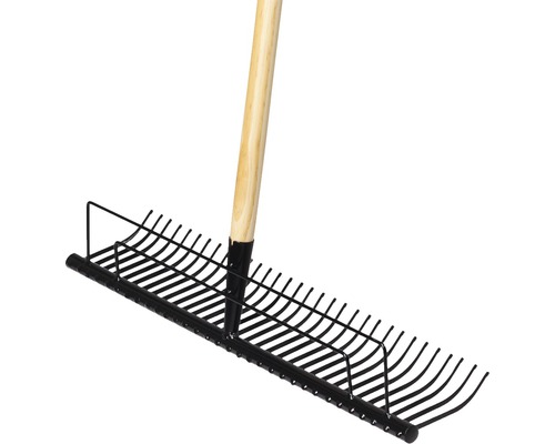 Greblă de frunze din metal cu coadă de lemn