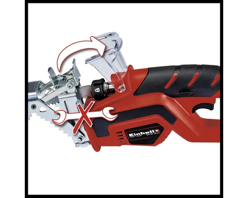 Sigla Einhell. Fierăstrău universal cu acumulator cu schimbarea pânzei de ferăstrău fără unelte.