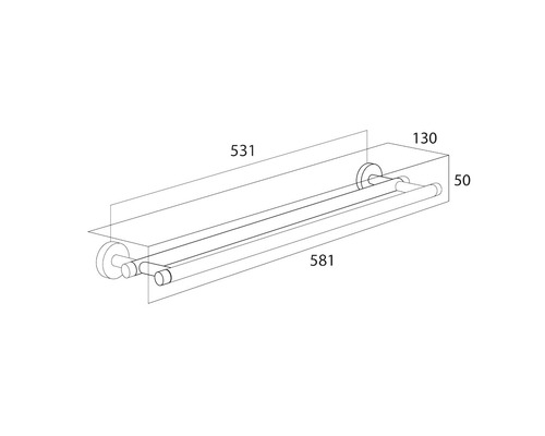 Desen tehnic al unui suport pentru prosoape cu raft și indicații de dimensiuni.