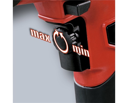 Roată de reglare pentru controlul vitezei pe o sculă electrică, cu marcajele min și max