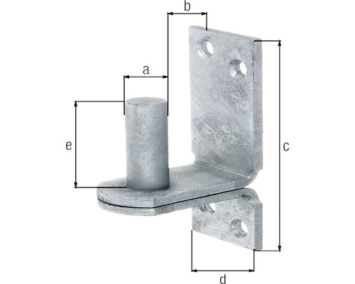 Balama metalică pentru poartă cu orificii de fixare și indicații de dimensiuni