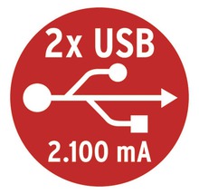 Simbol pentru două porturi USB cu 2.100 miliamperi