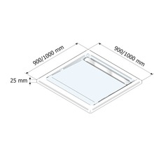Desen tehnic al unei cădițe de duș cu dimensiunile 900/1000 mm și o înălțime a marginii de 25 mm.