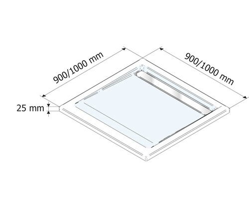 Desen tehnic al unei cădițe de duș cu dimensiunile 900/1000 mm și o înălțime a marginii de 25 mm.