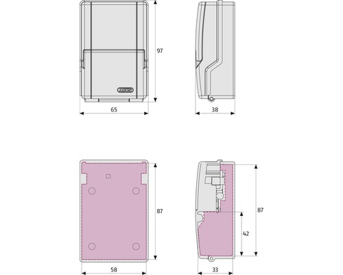 Desen tehnic al unei cutii seif pentru chei cu dimensiunile 97 x 65 x 38 milimetri