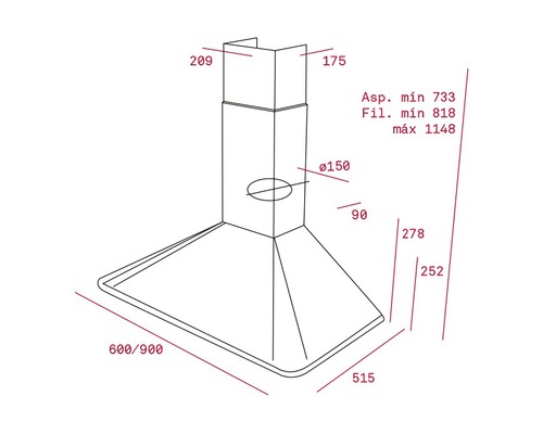 Desen tehnic al unei hote de bucătărie cu dimensiuni.