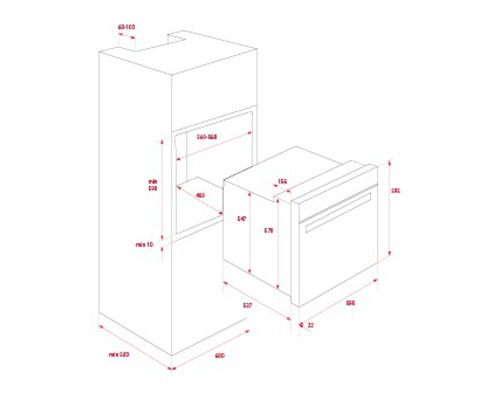 Desen dimensional al unui cuptor încorporabil cu dimensiunile de instalare corespunzătoare