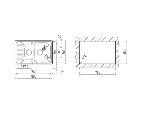 Desen tehnic cu dimensiunile chiuvetei