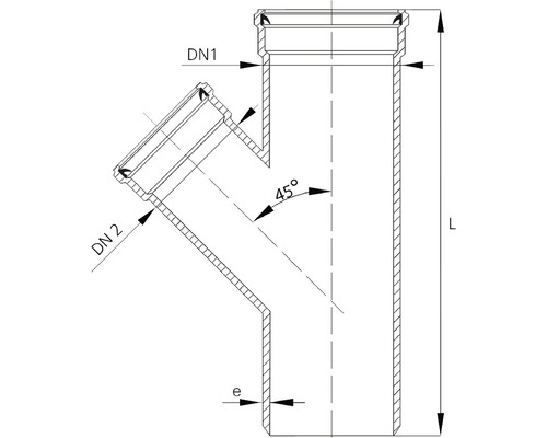 Desen tehnic al unei ramificații pentru conductă de scurgere cu un unghi de 45 de grade și cu denumirile DN1, DN2, L și e.