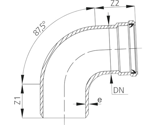 Desen tehnic al unui cot de țeavă cu un unghi de 87,5 grade și indicații de dimensiuni
