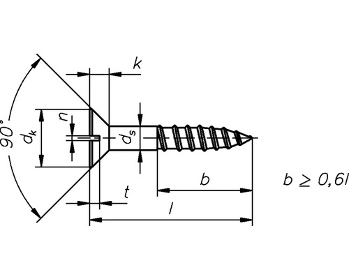 Desen tehnic al unui șurub cu cap înecat cu dimensiuni