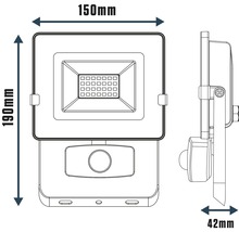 Desen tehnic al unui reflector LED cu senzor de mișcare și dimensiunile de 150 mm lățime, 190 mm înălțime și 42 mm adâncime.