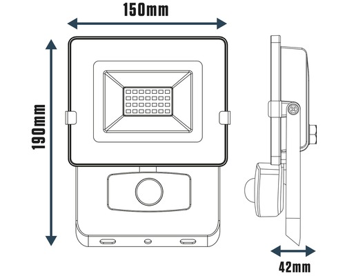 Desen tehnic al unui reflector LED cu senzor de mișcare și dimensiunile de 150 mm lățime, 190 mm înălțime și 42 mm adâncime.