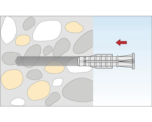 Ilustrație a unei fixări cu diblu într-un perete de piatră cu o săgeată roșie care indică direcția de inserare.
