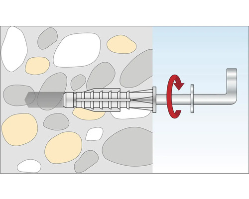 Ilustrație a unei fixări cu diblu într-un perete cu mișcare de rotație.
