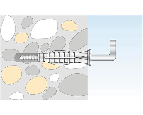 Ilustrație a unei fixări cu dibluri într-un perete de piatră cu un cârlig