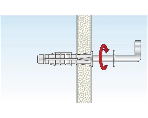 Ilustrație a unei fixări cu dibluri cu șurub într-un perete