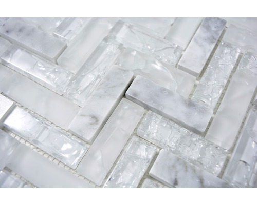 Placă de mozaic din sticlă și marmură cu model herringbone