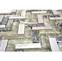 Mozaic sticlă-piatră naturală XIC HB1552 Fishbone gri-verde 26,3x29,3 cm