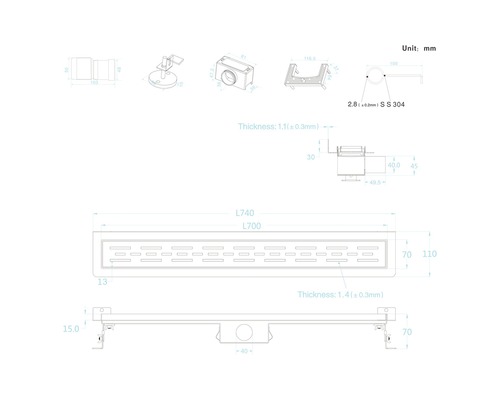 Desen tehnic al unui canal de duș cu dimensiuni.