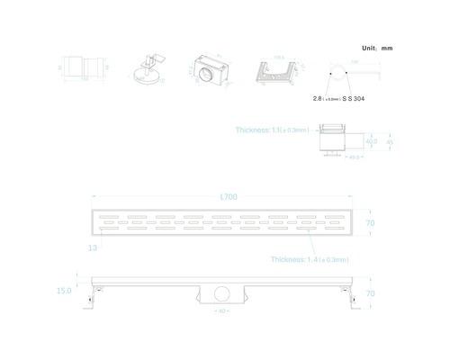 Desen tehnic al unui canal de duș cu dimensiuni.