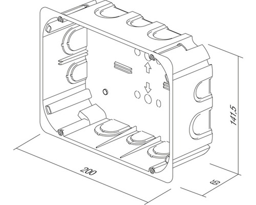 Imagine a unei cutii de montaj încastrat cu dimensiunile de 200, 141,5 și 65 milimetri.